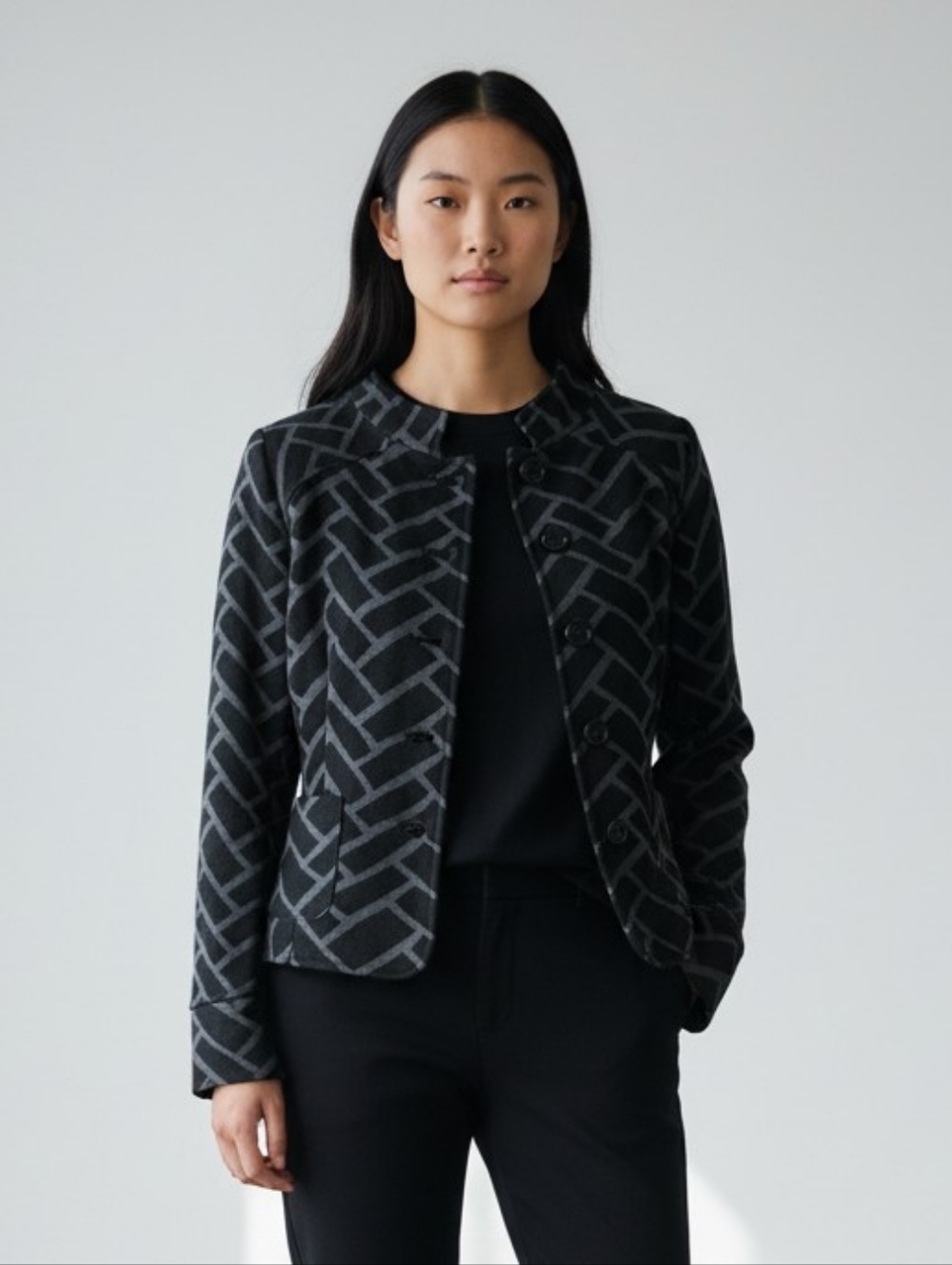 Saks Fifth Avenue Black Gray Geometric Knit Blazer Jacket Women’s Size 10